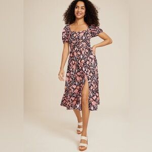Maurices Pink and Black Floral Midi Dress with Puff Sleeves